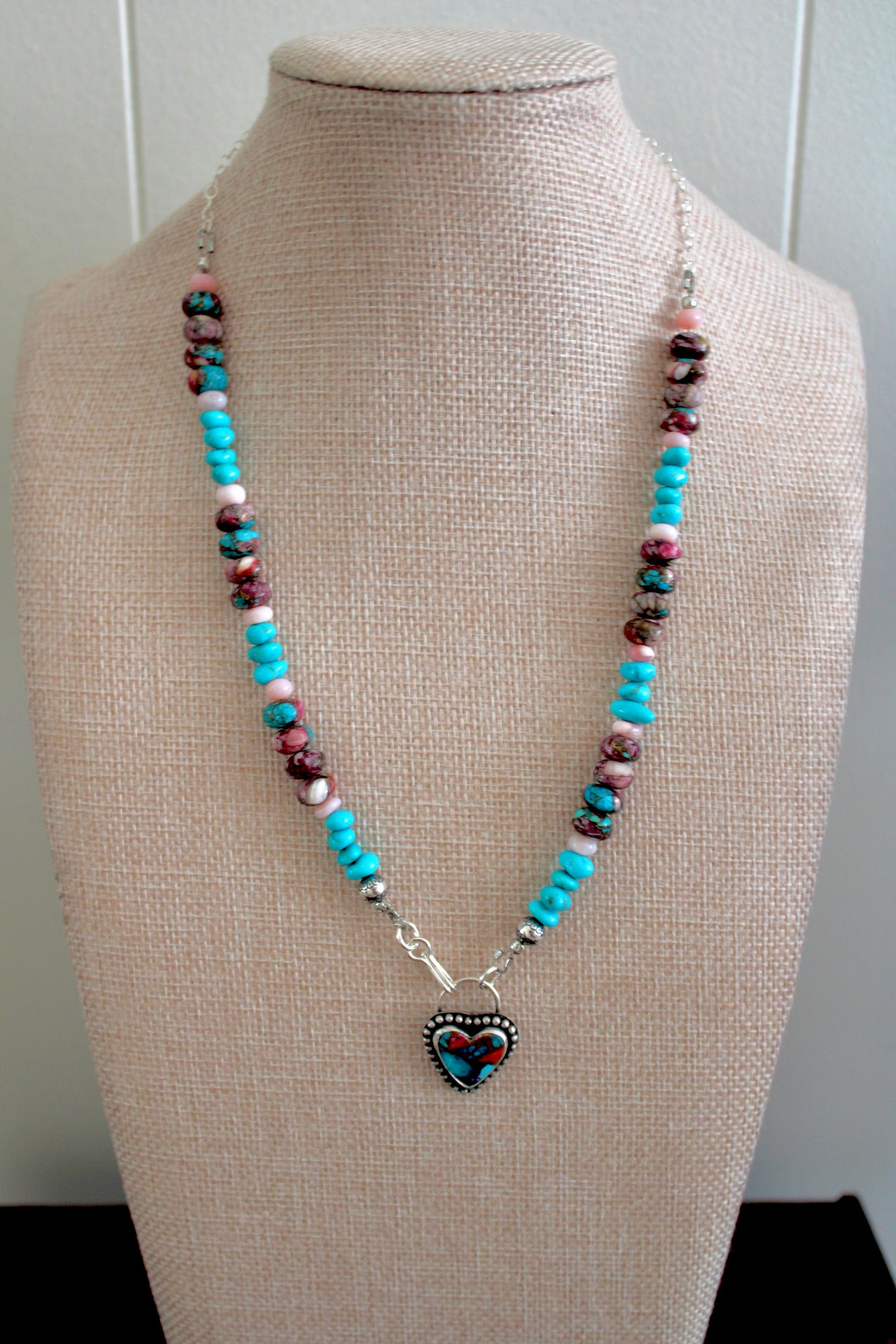 Pink Dahlia Turquoise heart on a Kingman and Pink Dahlia beaded chain