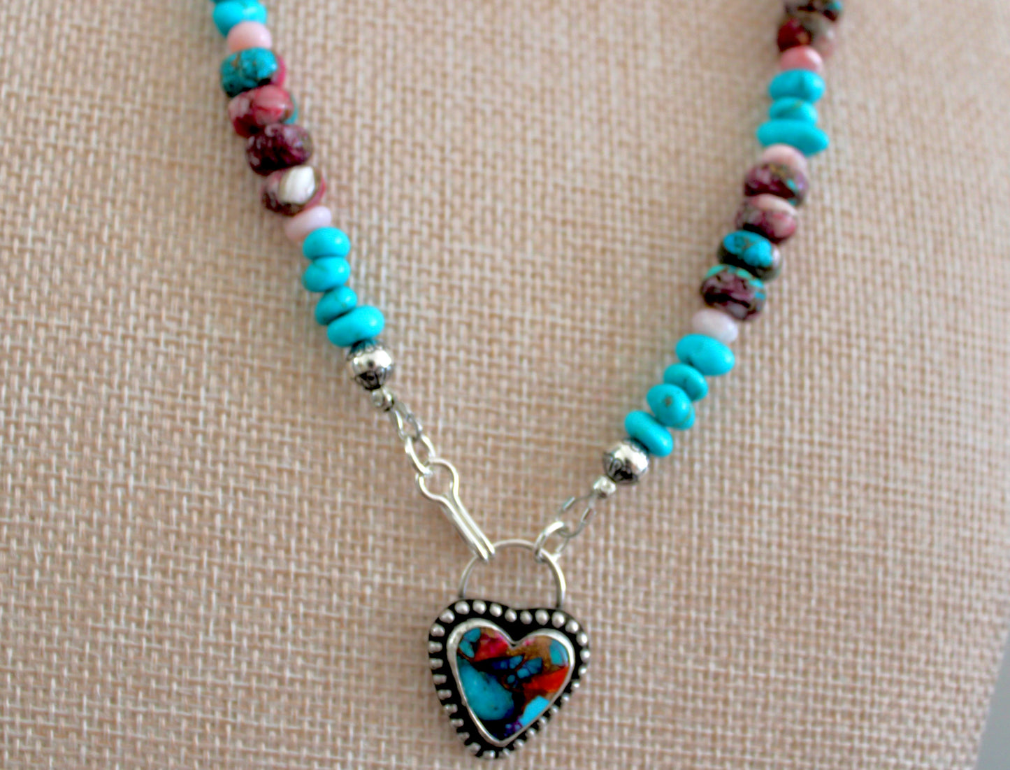 Pink Dahlia Turquoise heart on a Kingman and Pink Dahlia beaded chain
