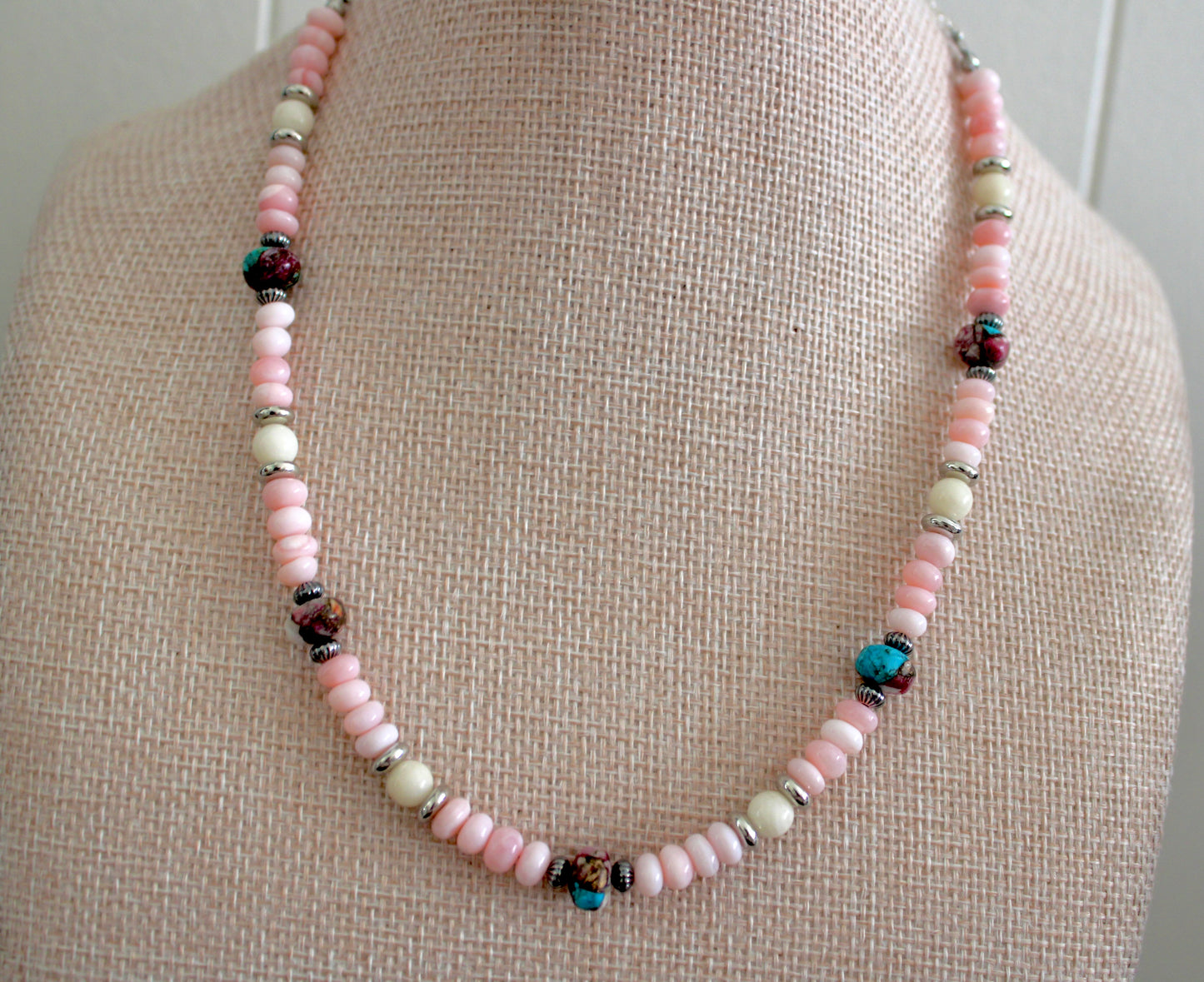 Pink Opal beaded necklace with Pink Dahlia Kingman