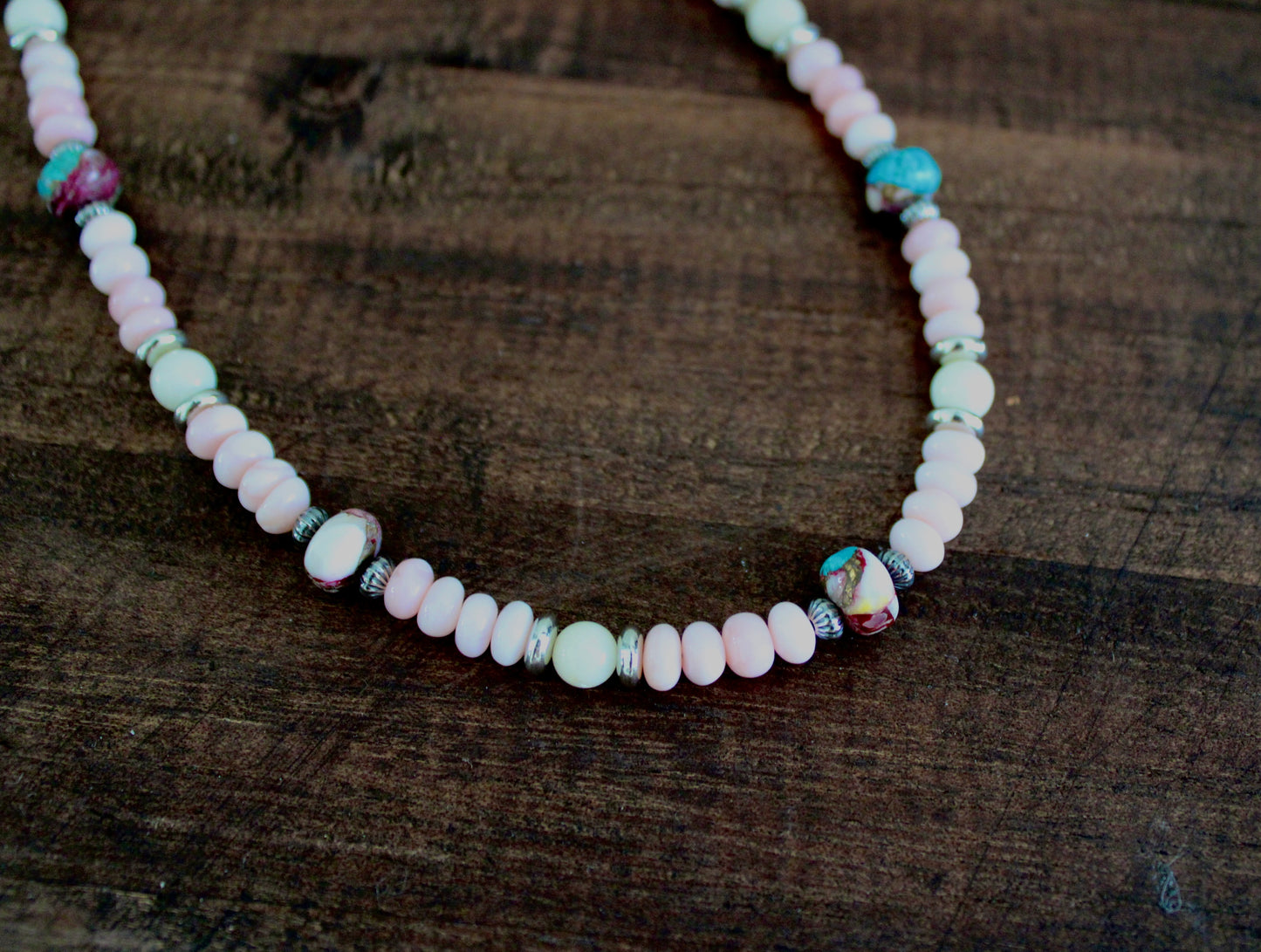 Pink Opal beaded necklace with Pink Dahlia Kingman