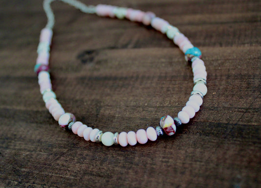 Pink Opal beaded necklace with Pink Dahlia Kingman