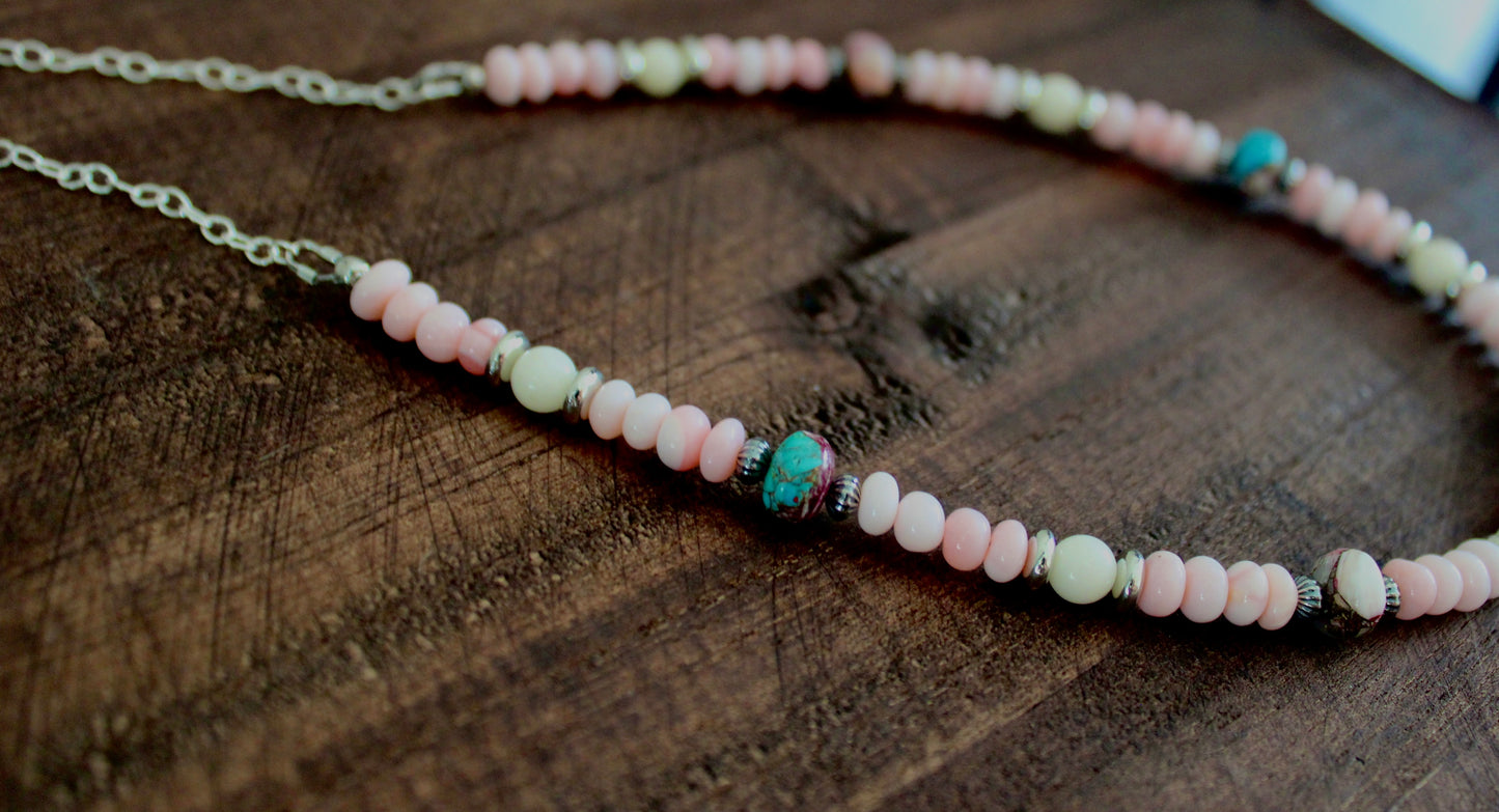 Pink Opal beaded necklace with Pink Dahlia Kingman