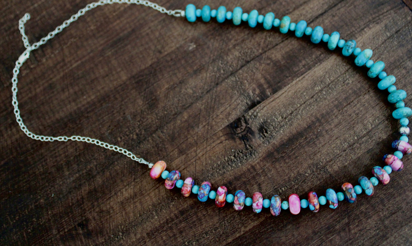 Pink Dahlia and Kingman Beaded Necklace