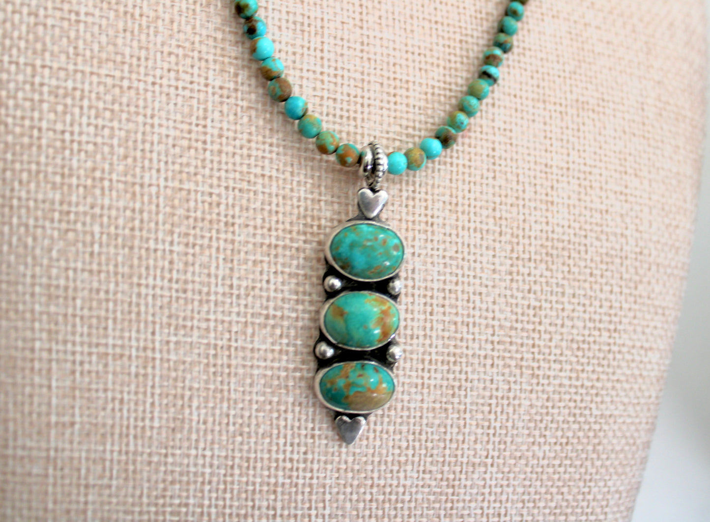 Royston Turquoise Trio Pendant on a Kingman Turquoise Beaded chain