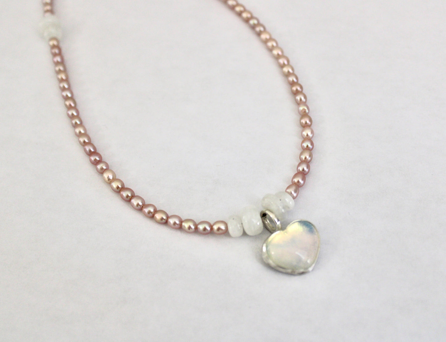 Pink Freshwater Pearl Necklace with Opalite Heart Pendant