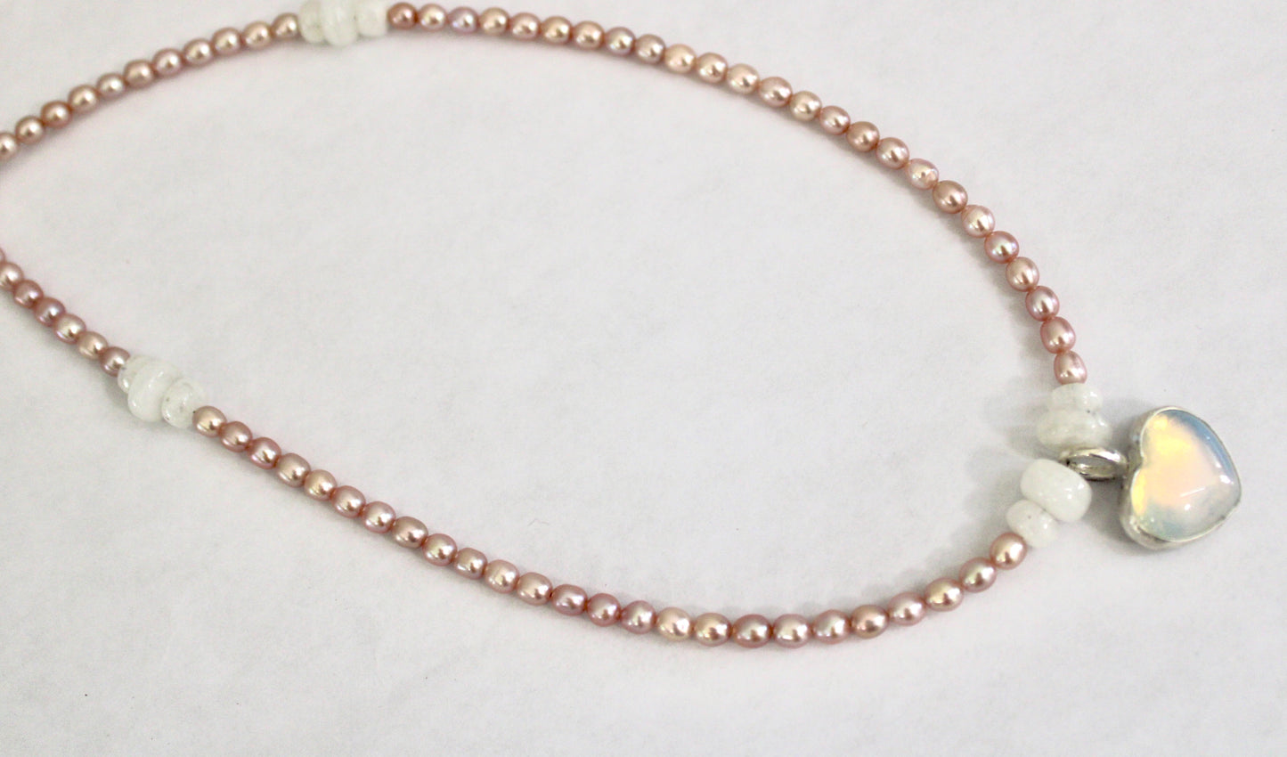 Pink Freshwater Pearl Necklace with Opalite Heart Pendant