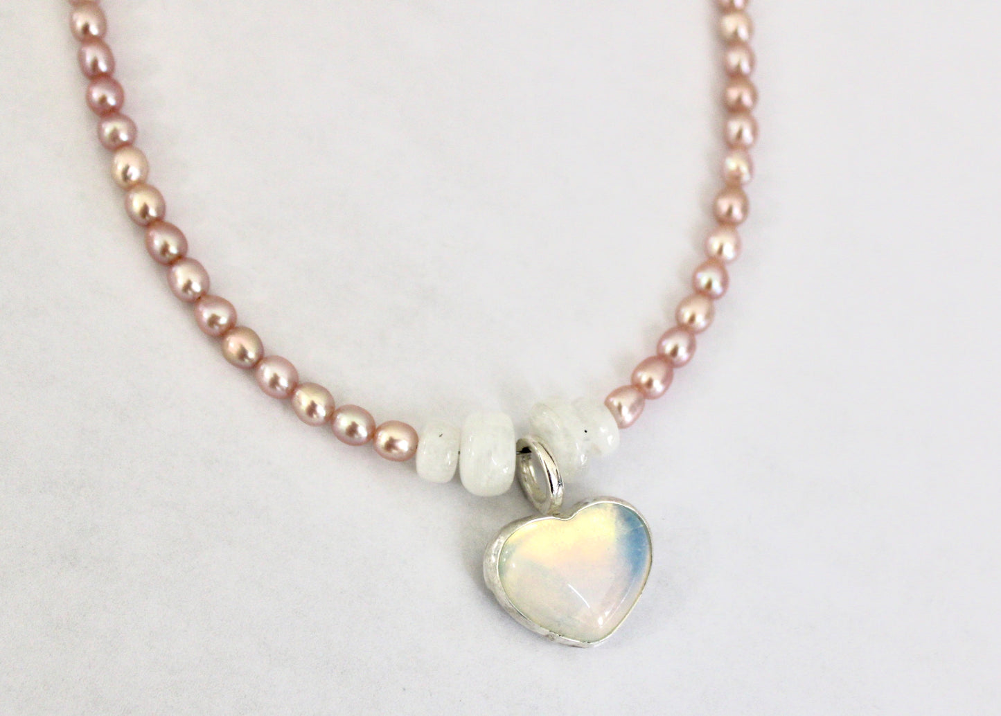 Pink Freshwater Pearl Necklace with Opalite Heart Pendant
