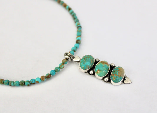 Royston Turquoise Trio Pendant on a Kingman Turquoise Beaded chain
