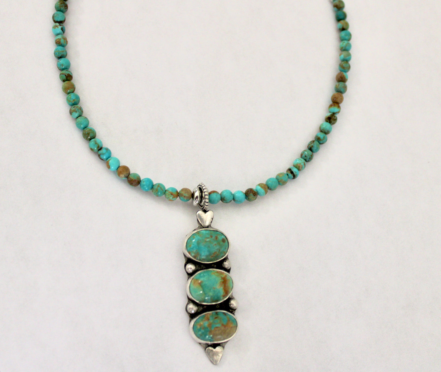 Royston Turquoise Trio Pendant on a Kingman Turquoise Beaded chain