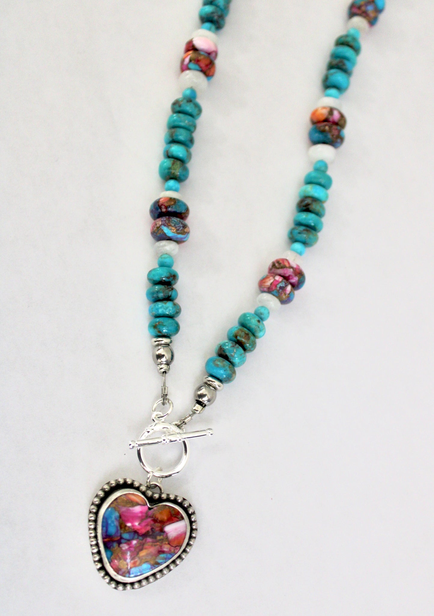 Pink Dahlia Turquoise toggle necklace on Kingman and Pink Dahlia beaded chain