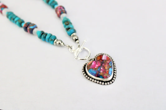 Pink Dahlia Turquoise toggle necklace on Kingman and Pink Dahlia beaded chain