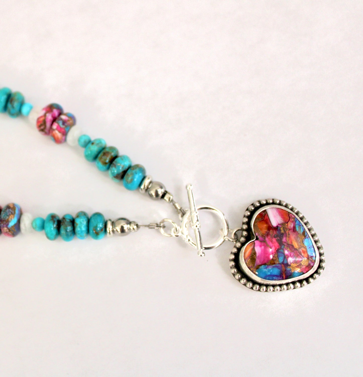 Pink Dahlia Turquoise toggle necklace on Kingman and Pink Dahlia beaded chain