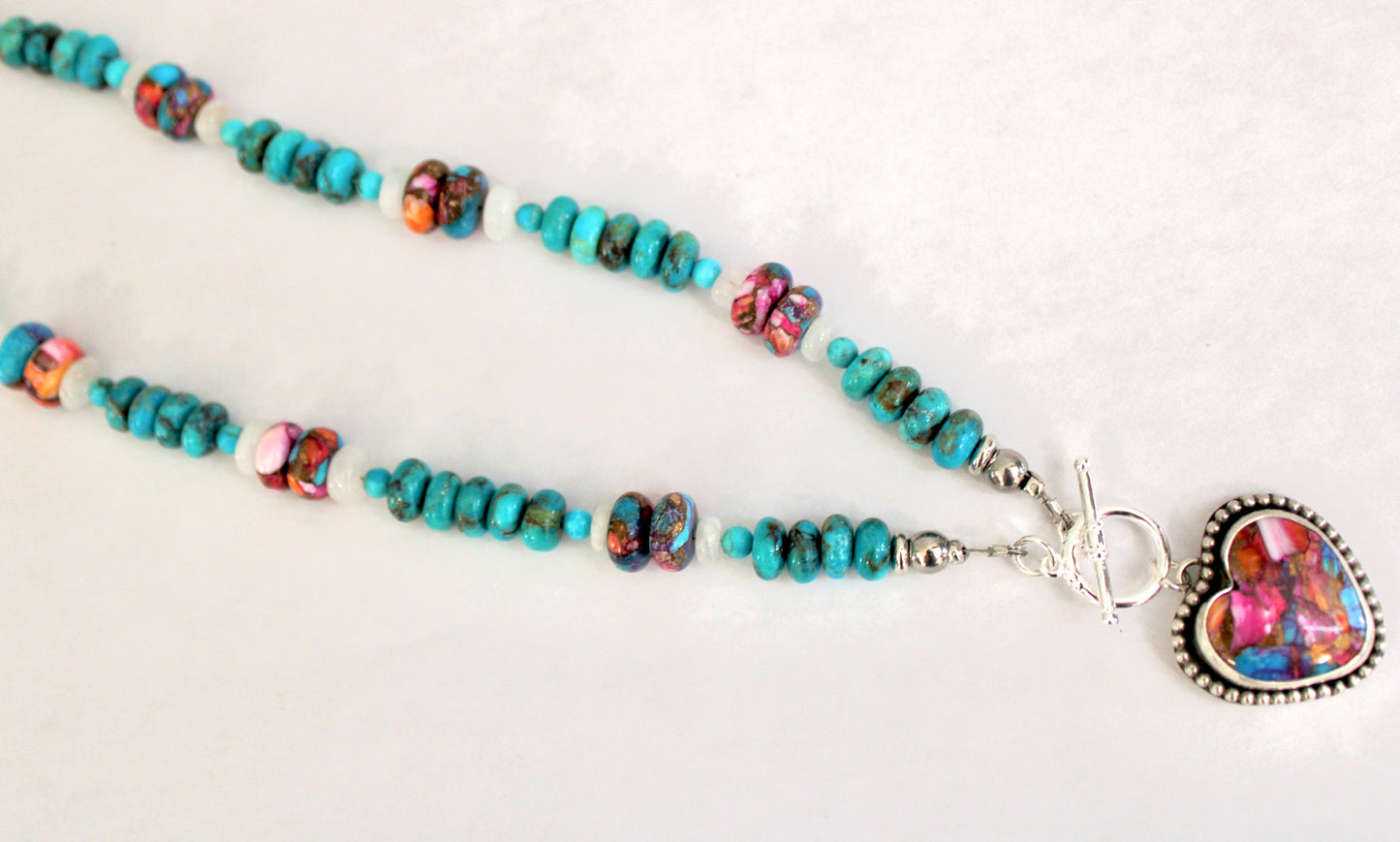 Pink Dahlia Turquoise toggle necklace on Kingman and Pink Dahlia beaded chain