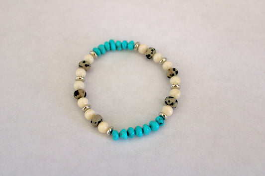Kingman Turquoise, White Coral and Dalmatian beaded bracelet