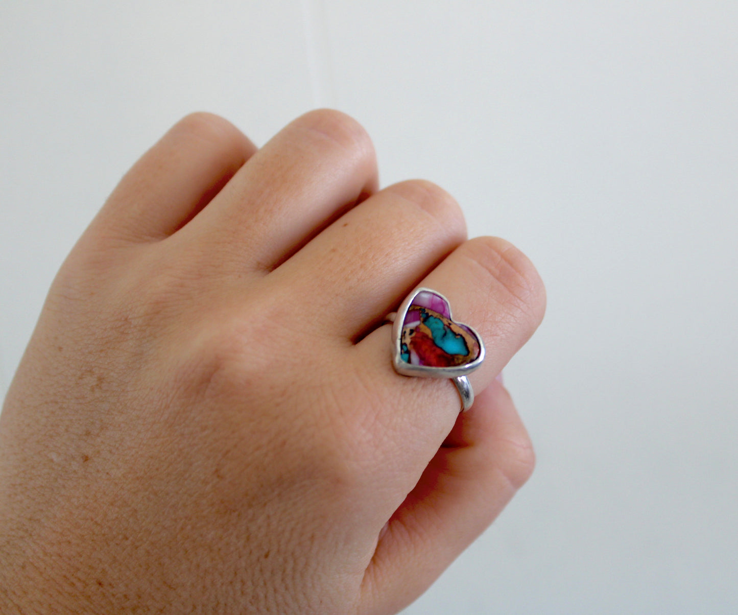 Pink Dahlia Heart Turquoise Ring- Size 8