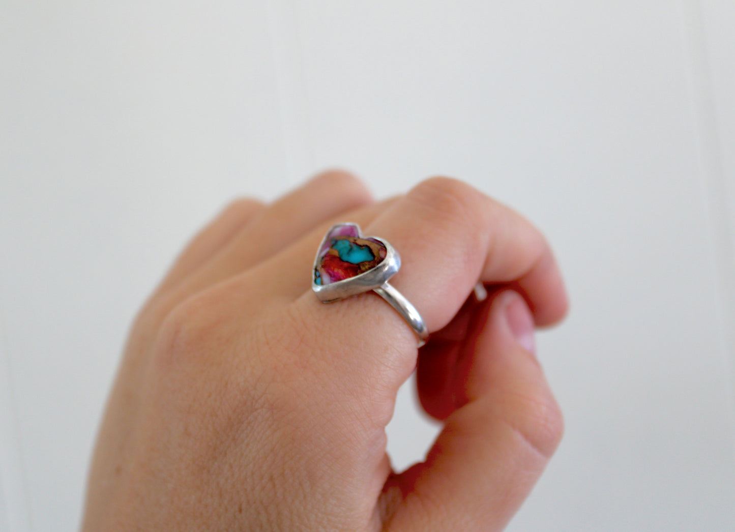 Pink Dahlia Heart Turquoise Ring- Size 8