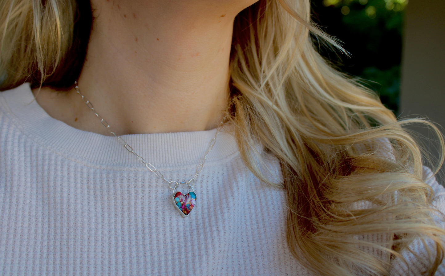Pink Dahlia Heart Turquoise Necklace