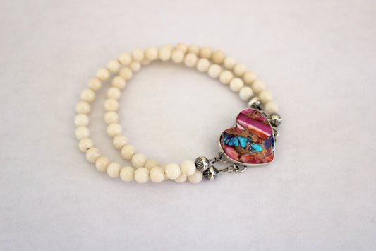 Pink Dahlia Turquoise Heart on a white coral beaded bracelet