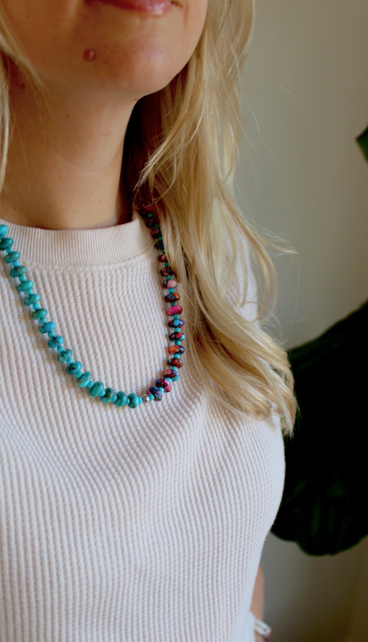 Pink Dahlia and Kingman Beaded Necklace