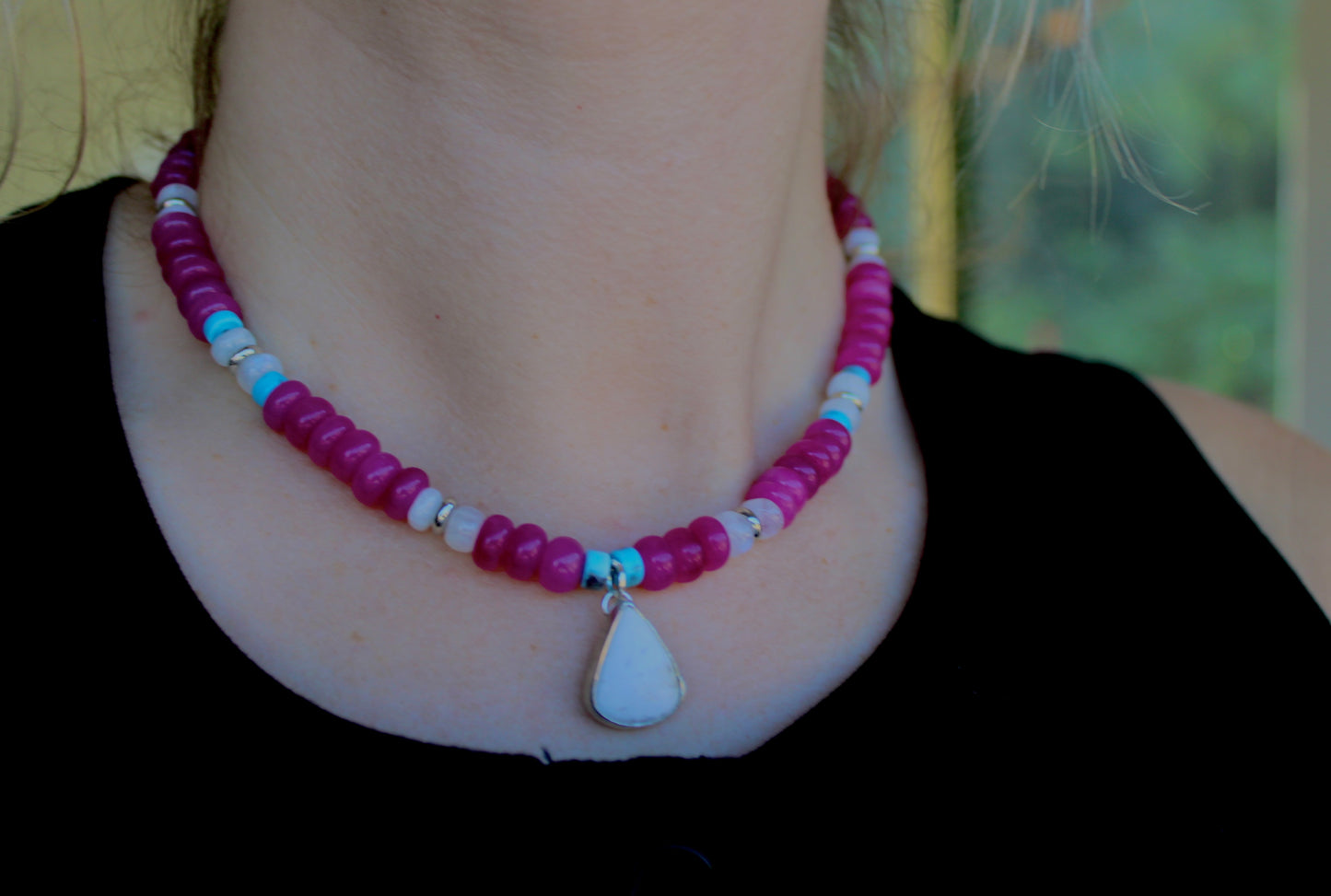 Ruby Jade beaded necklace with White Buffalo Turquoise Pendant
