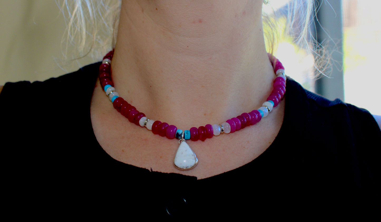 Ruby Jade beaded necklace with White Buffalo Turquoise Pendant