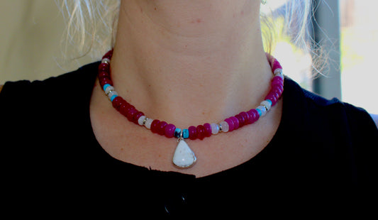 Ruby Jade beaded necklace with White Buffalo Turquoise Pendant