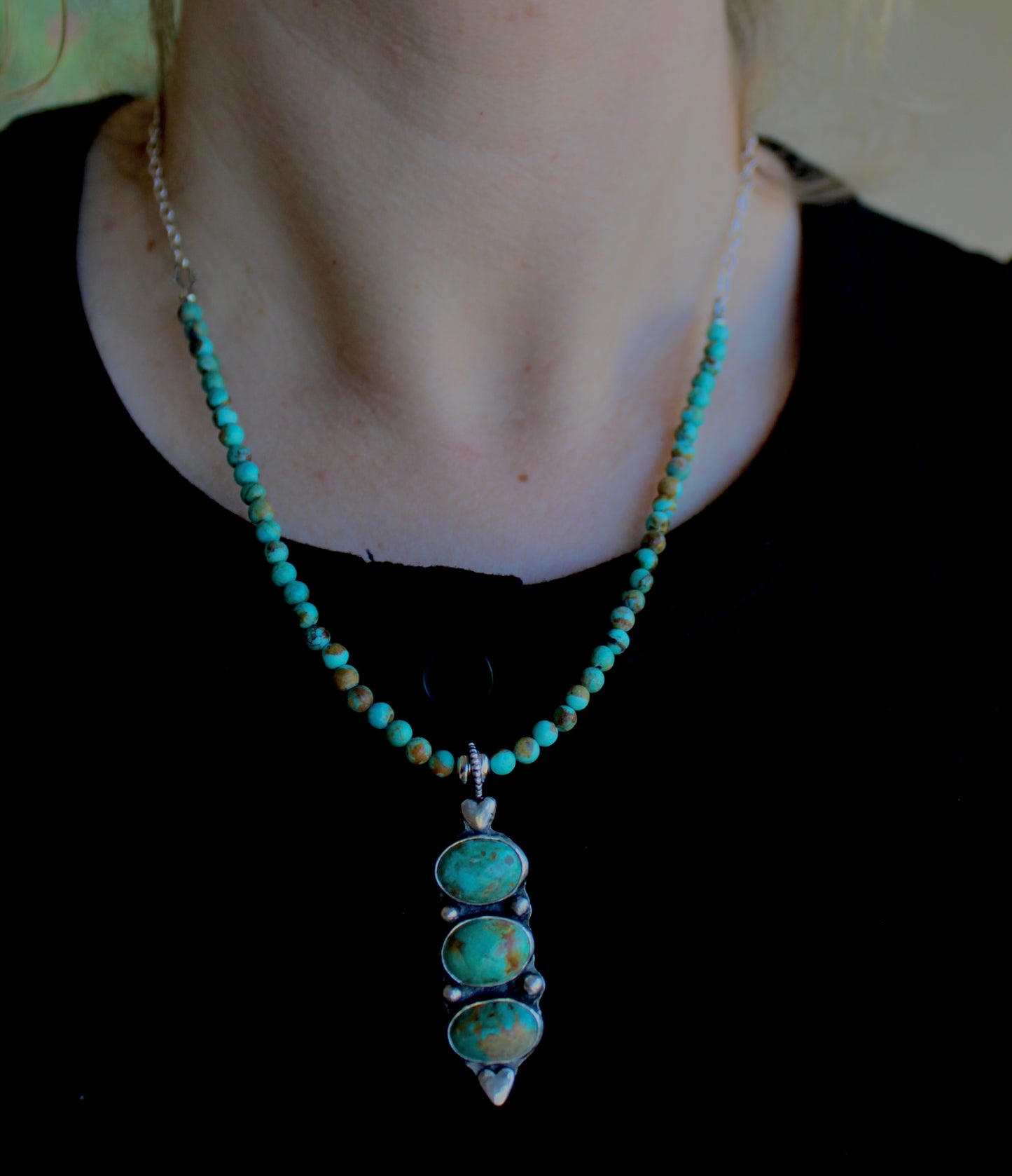 Royston Turquoise Trio Pendant on a Kingman Turquoise Beaded chain