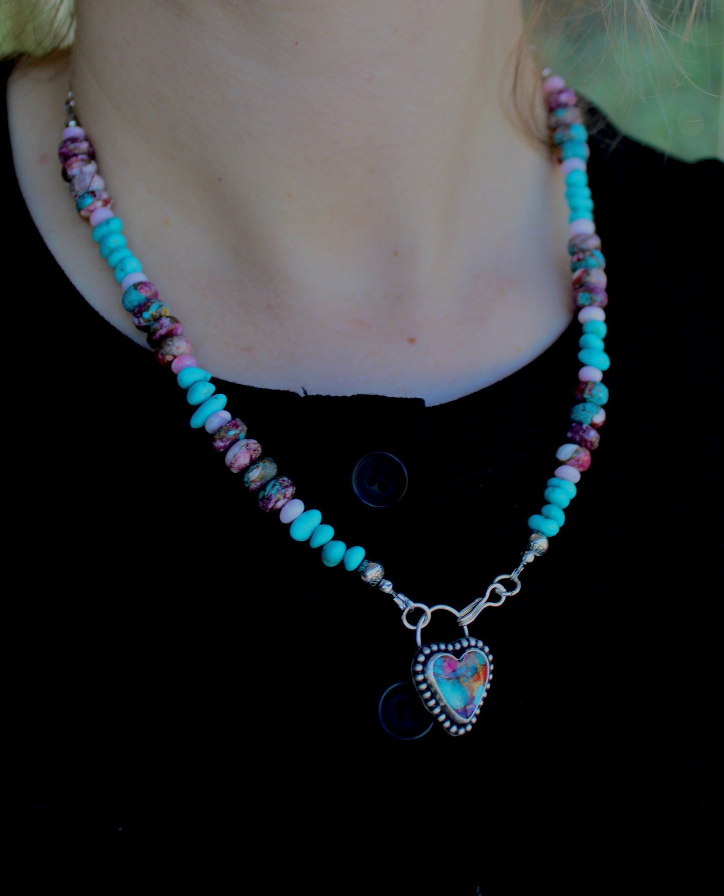 Pink Dahlia Turquoise heart on a Kingman and Pink Dahlia beaded chain