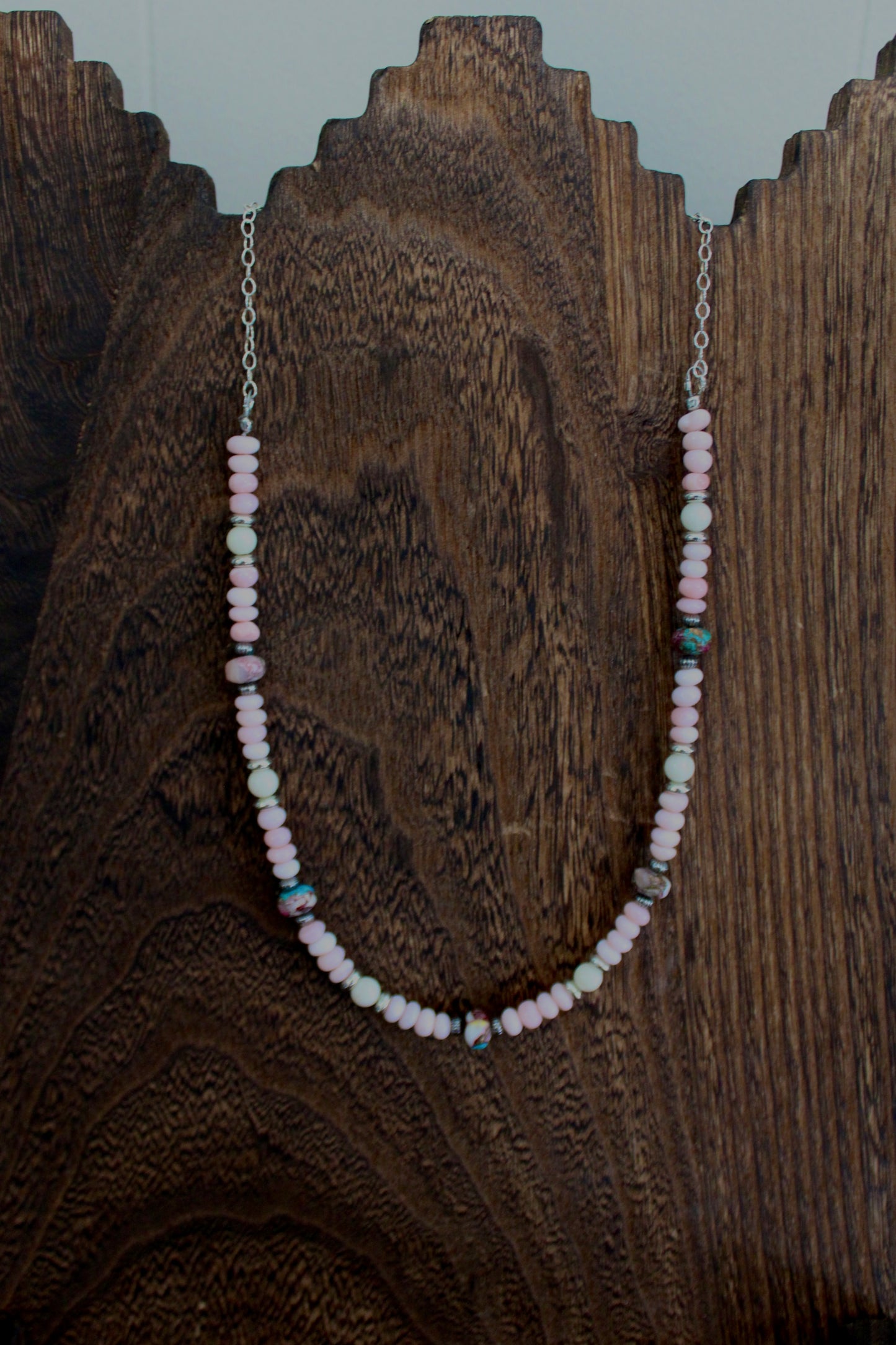 Pink Opal beaded necklace with Pink Dahlia Kingman