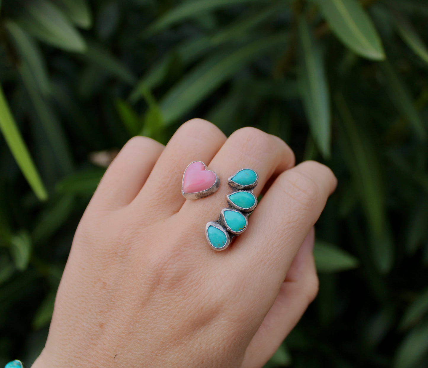 Pink Conch Shell with Sonoran Turquoise Ring- size 7
