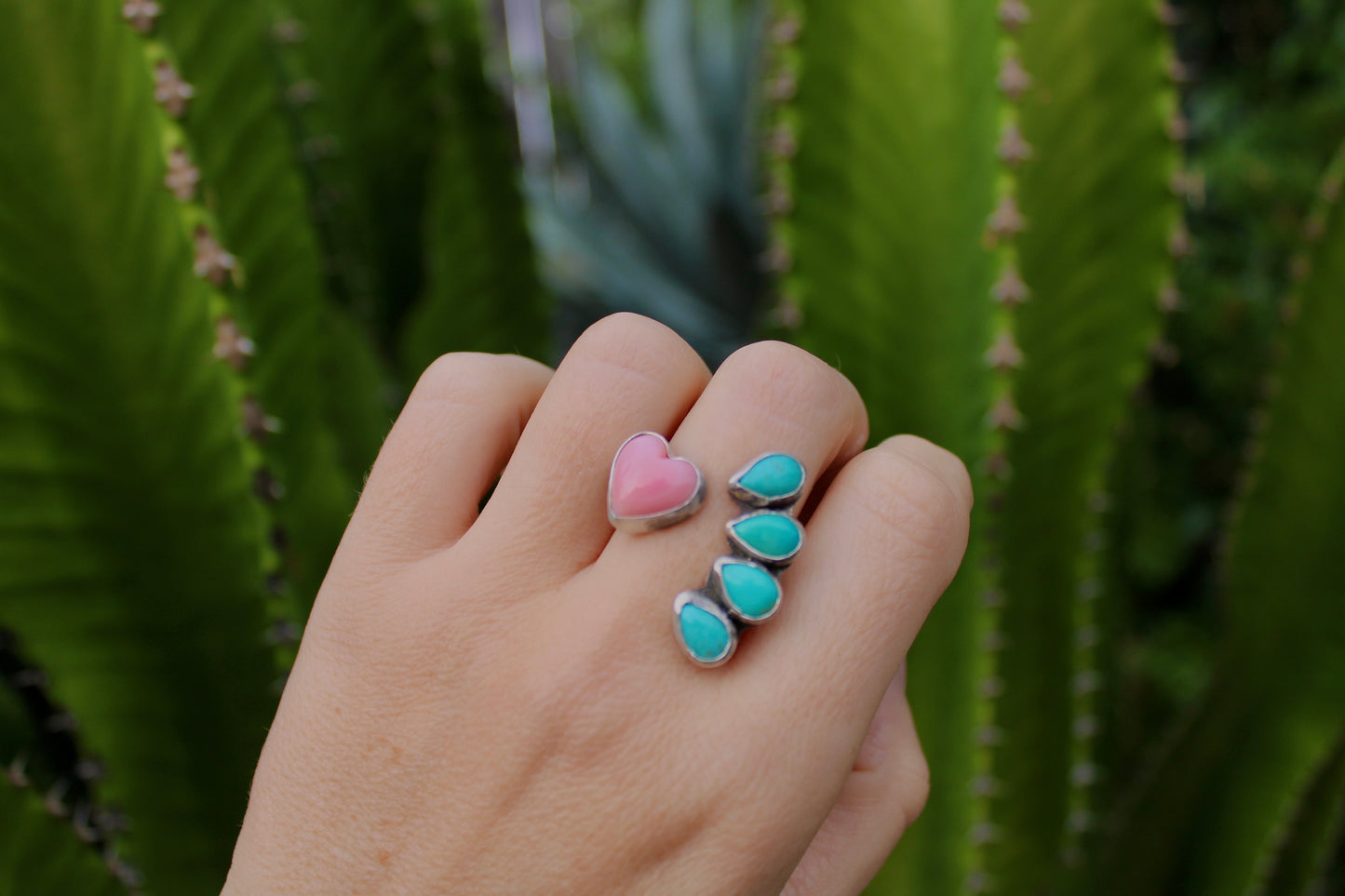 Pink Conch Shell with Sonoran Turquoise Ring- size 7