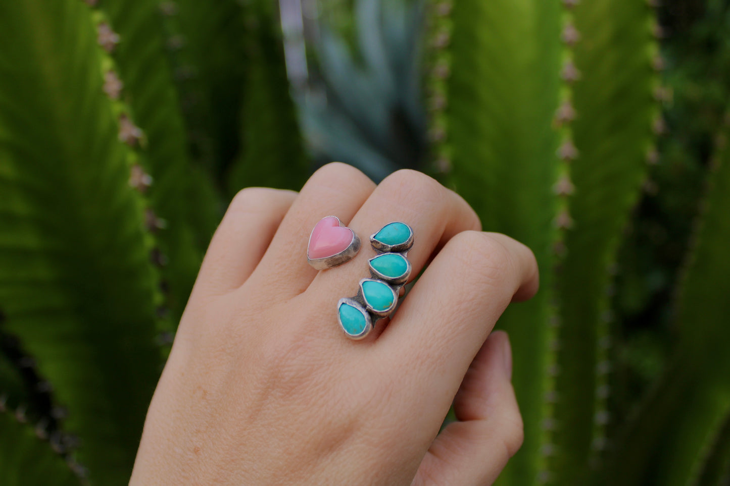 Pink Conch Shell with Sonoran Turquoise Ring- size 7
