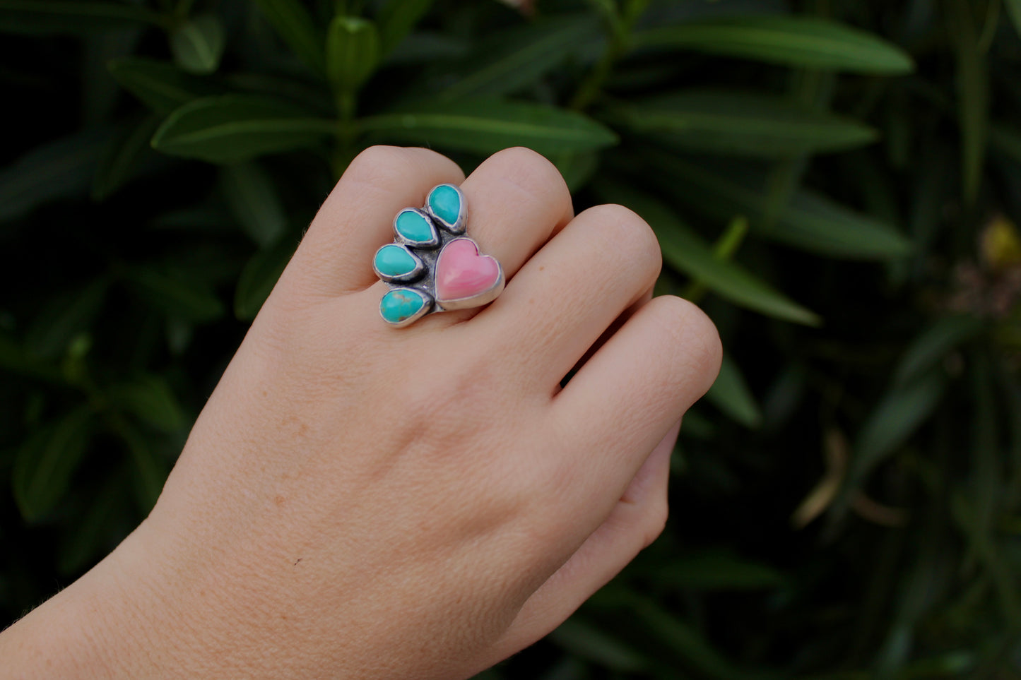 Pink Conch Heart and Sonoran Turquoise Ring-size 5.5