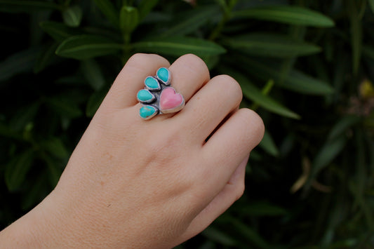 Pink Conch Heart and Sonoran Turquoise Ring-size 5.5