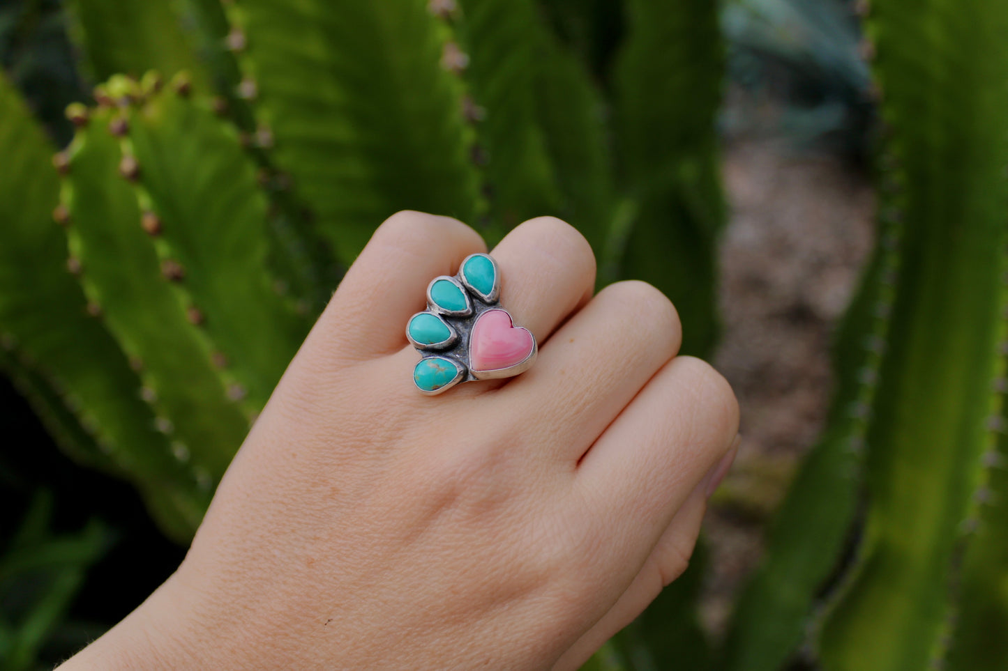 Pink Conch Heart and Sonoran Turquoise Ring-size 5.5