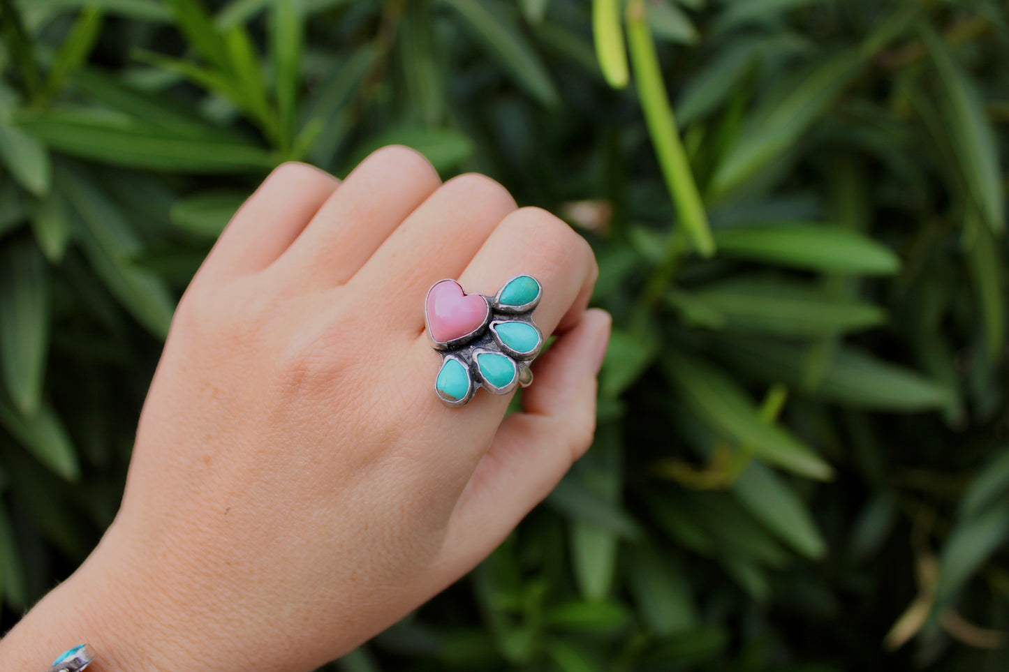 Pink Conch Shell and Sonoran Turquoise Ring- size 9.5