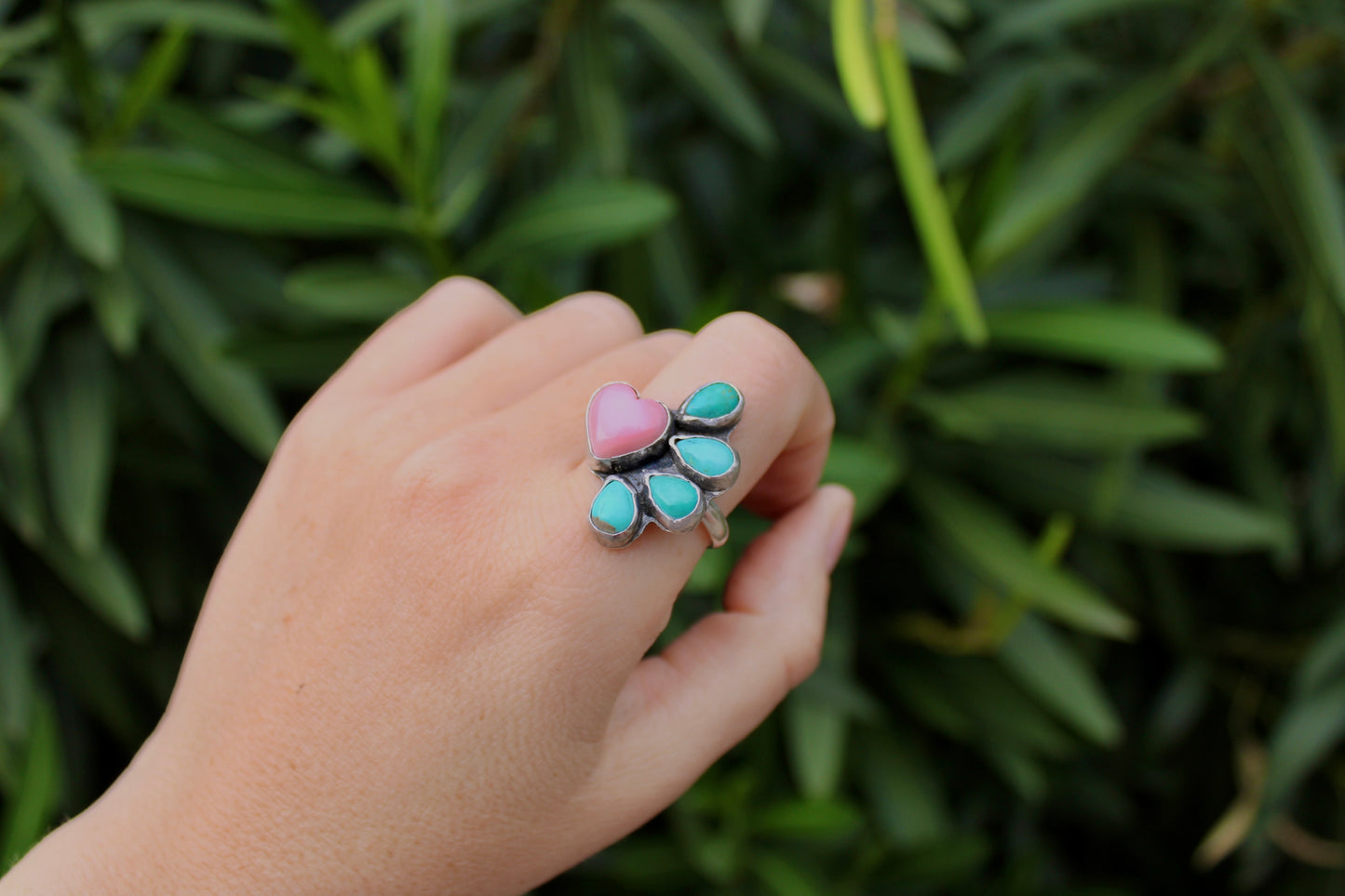 Pink Conch Shell and Sonoran Turquoise Ring- size 9.5