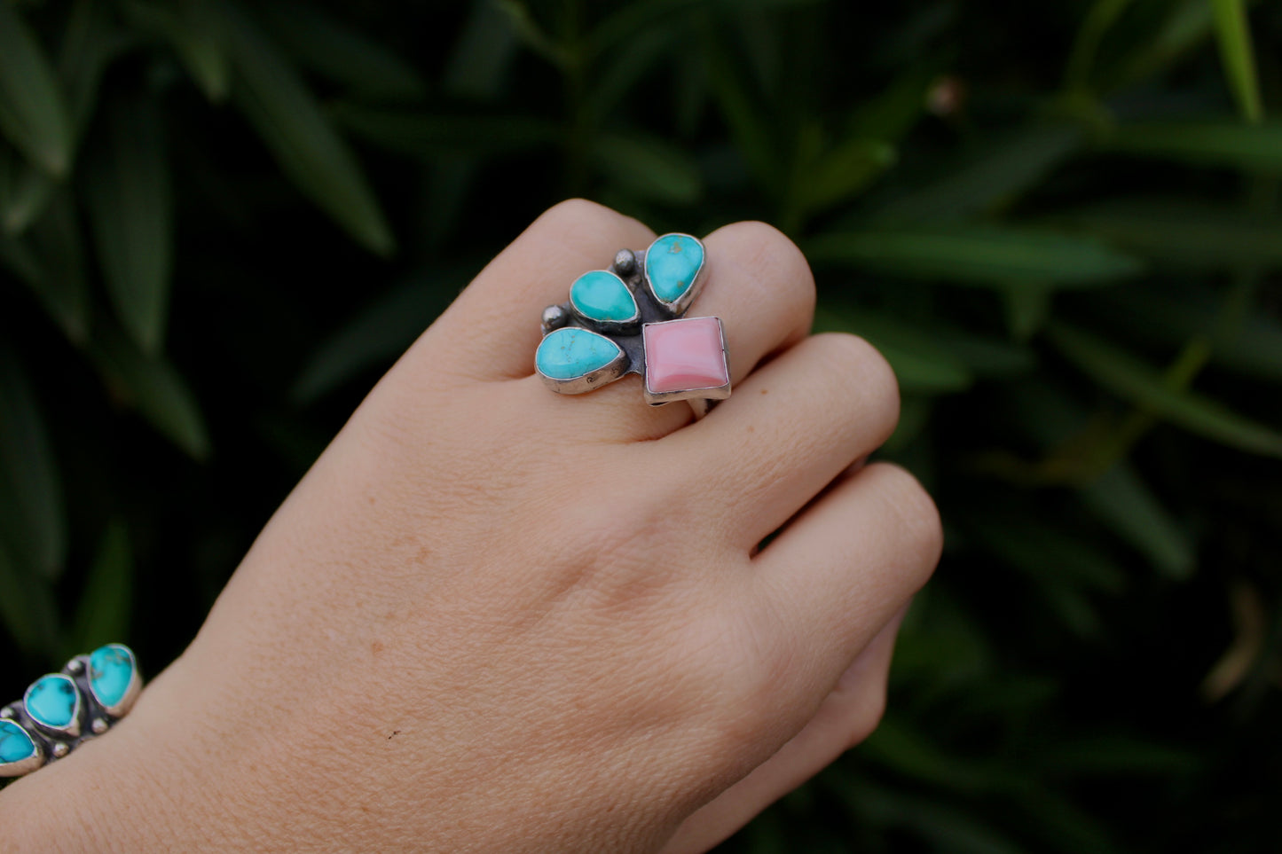 Pink Conch Shell with Sierra Bella Turquoise - size 6.5