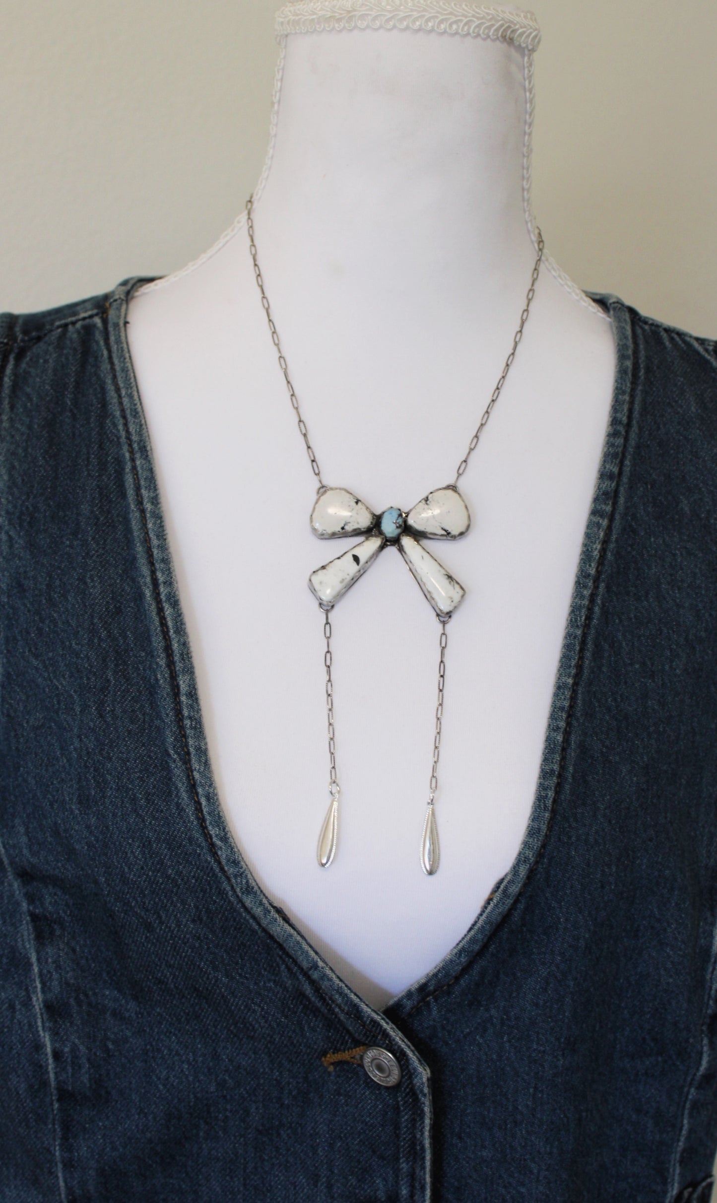 White Buffalo Turquoise Bow Necklace with Golden Hills