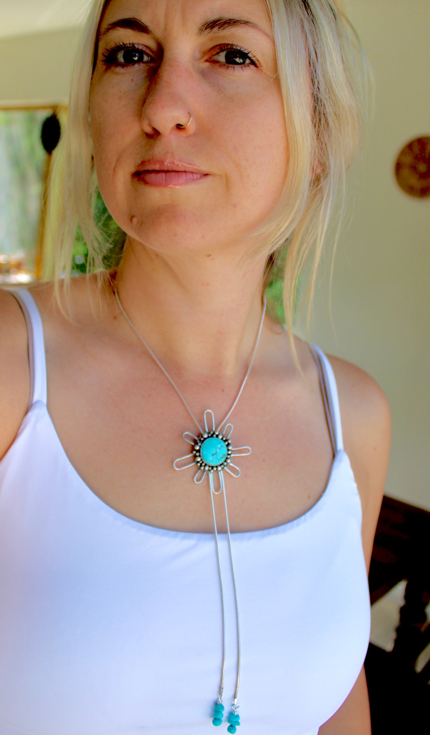 Chilean Turquoise Flower Bolo Necklace