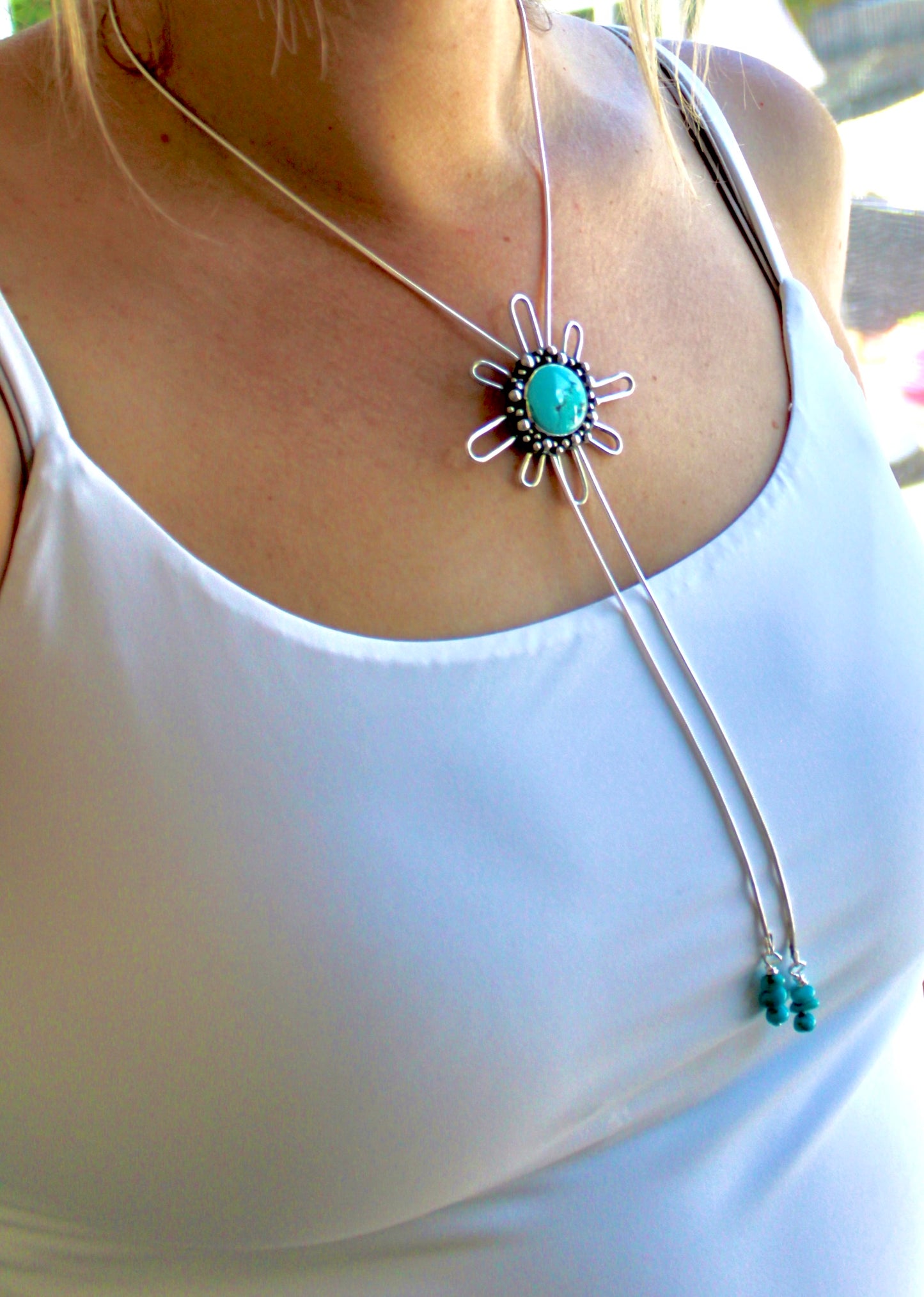 Chilean Turquoise Flower Bolo Necklace