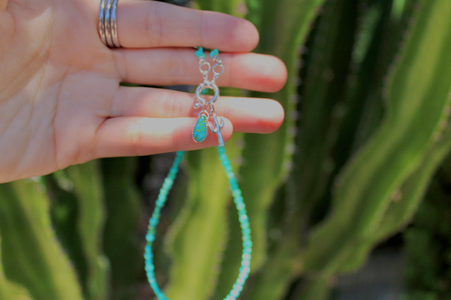 Cactus Turquoise Beaded Charm Necklace