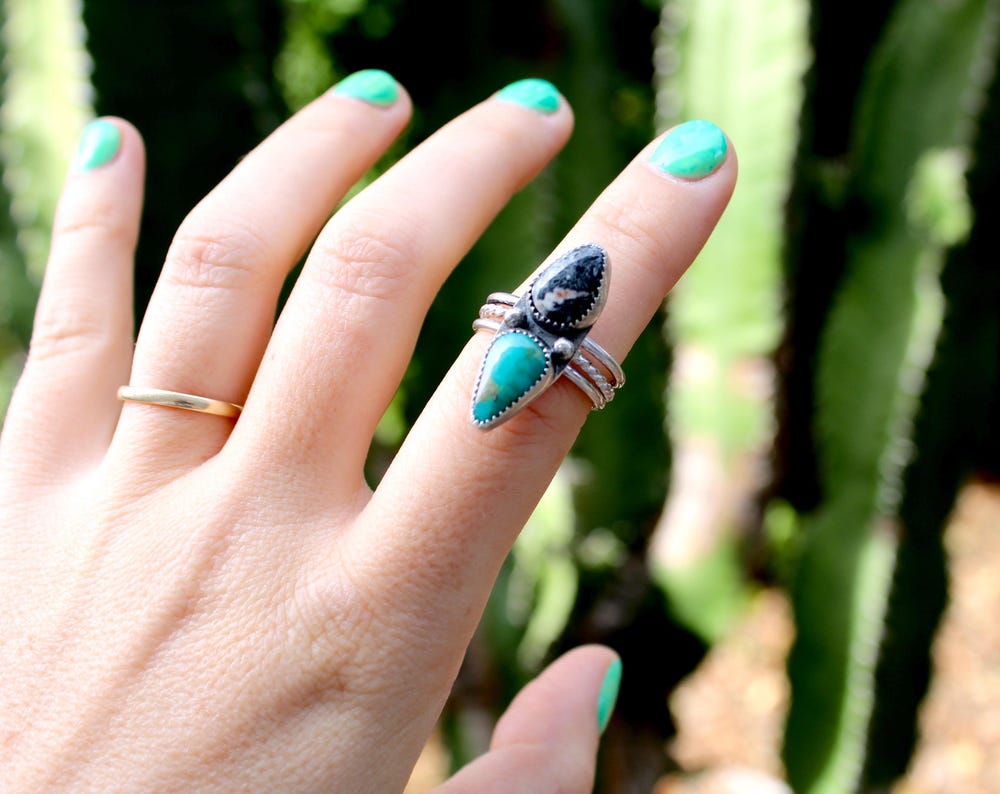 Size 7.5 -Sterling Silver double Turquoise Ring